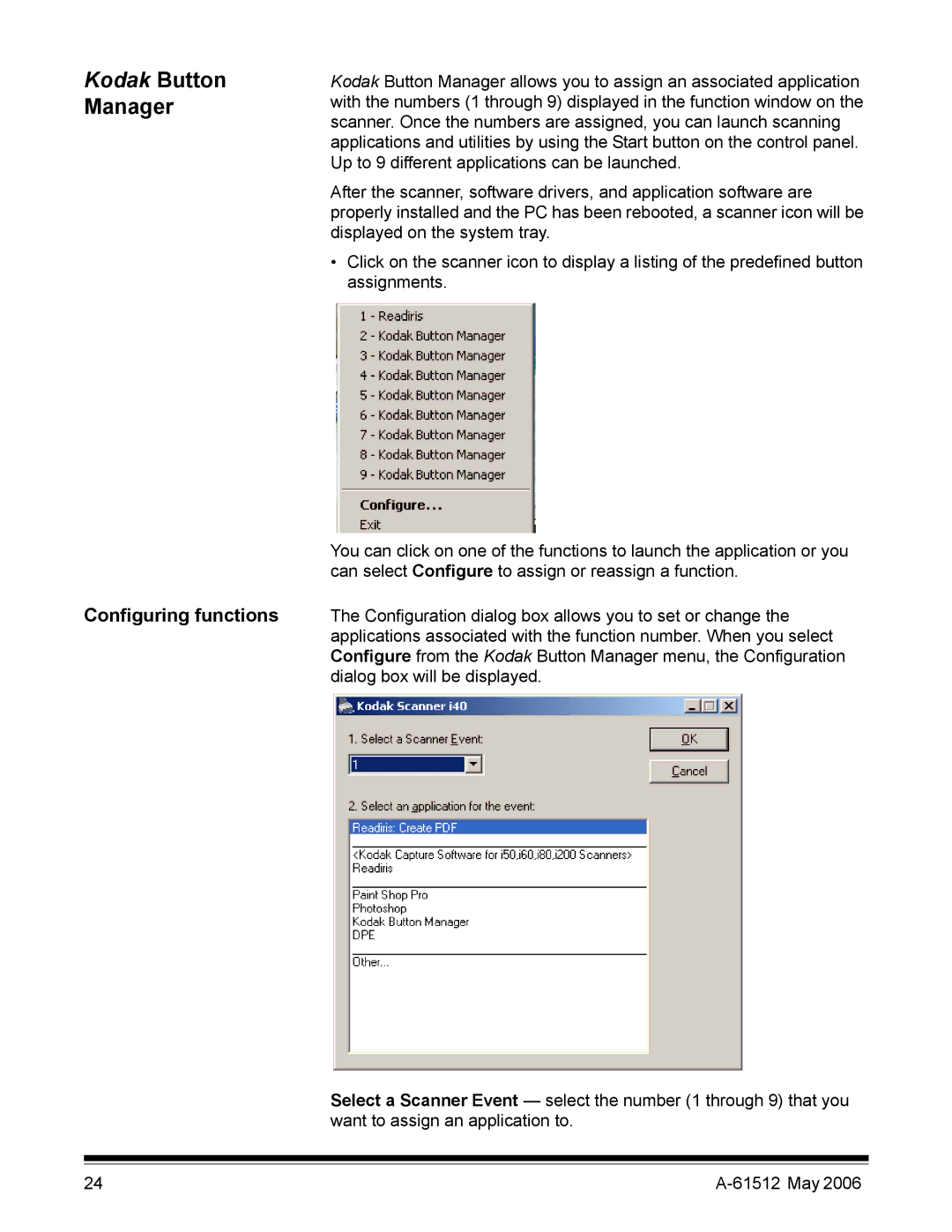 Kodak i30 / i40 manual Manager, Configuring functions 