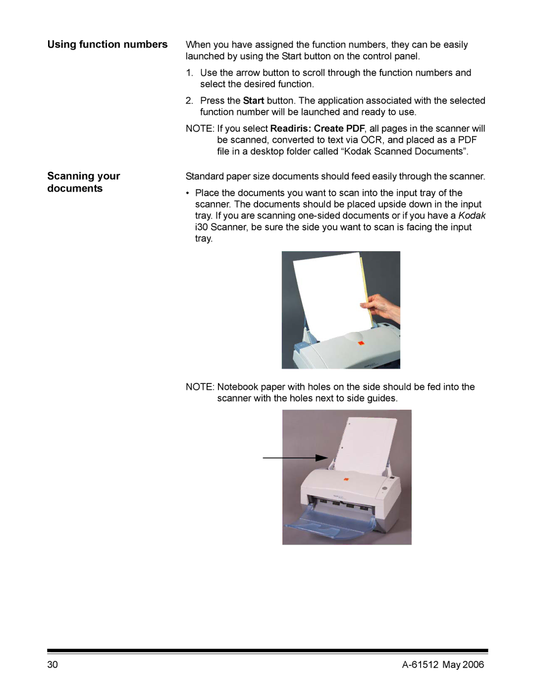 Kodak i30 / i40 manual Using function numbers Scanning your documents 