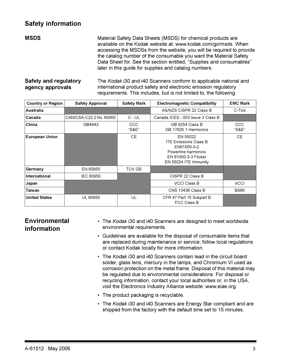 Kodak i30 / i40 manual Safety information, Safety and regulatory, Agency approvals 