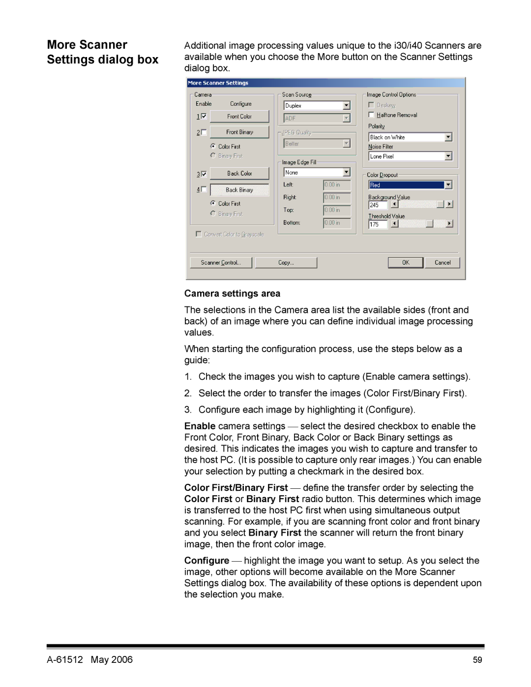 Kodak i30 / i40 manual More Scanner Settings dialog box 