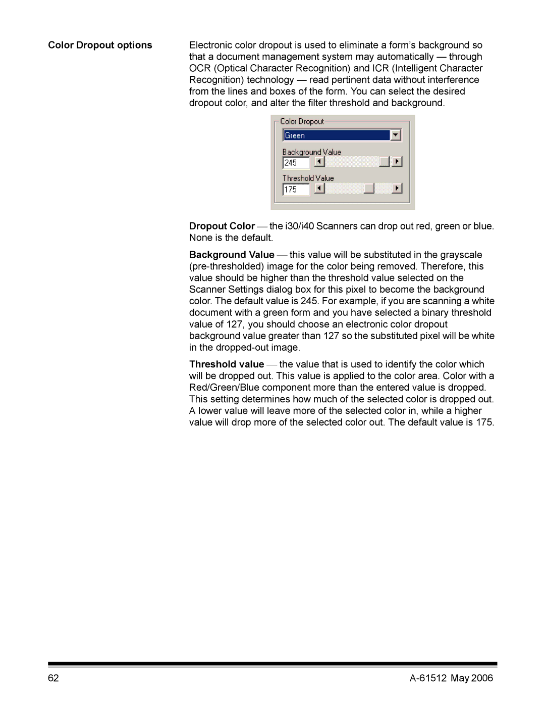 Kodak i30 / i40 manual Color Dropout options 