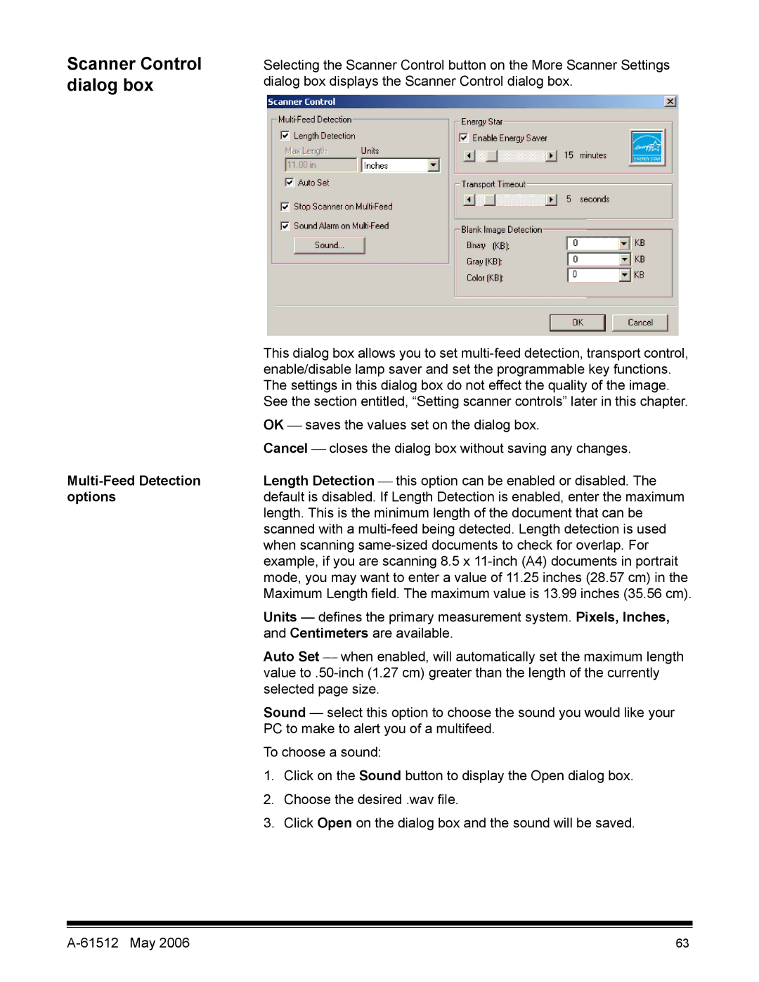 Kodak i30 / i40 manual Scanner Control, Dialog box, Multi-Feed Detection, Options 