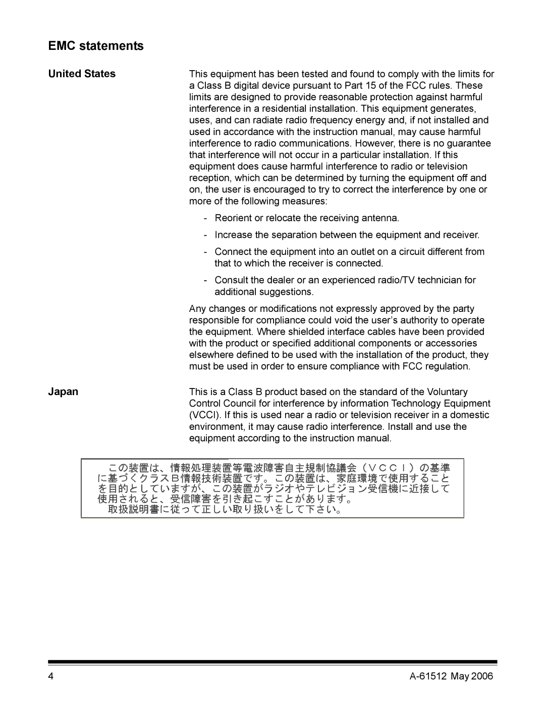 Kodak i30 / i40 manual EMC statements, United States, Japan 