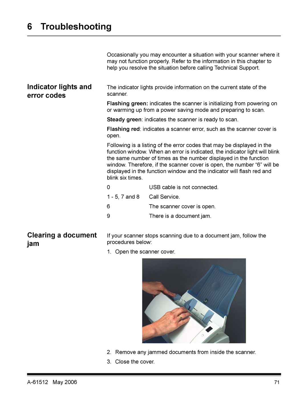 Kodak i30 / i40 manual Indicator lights and error codes, Clearing a document jam 