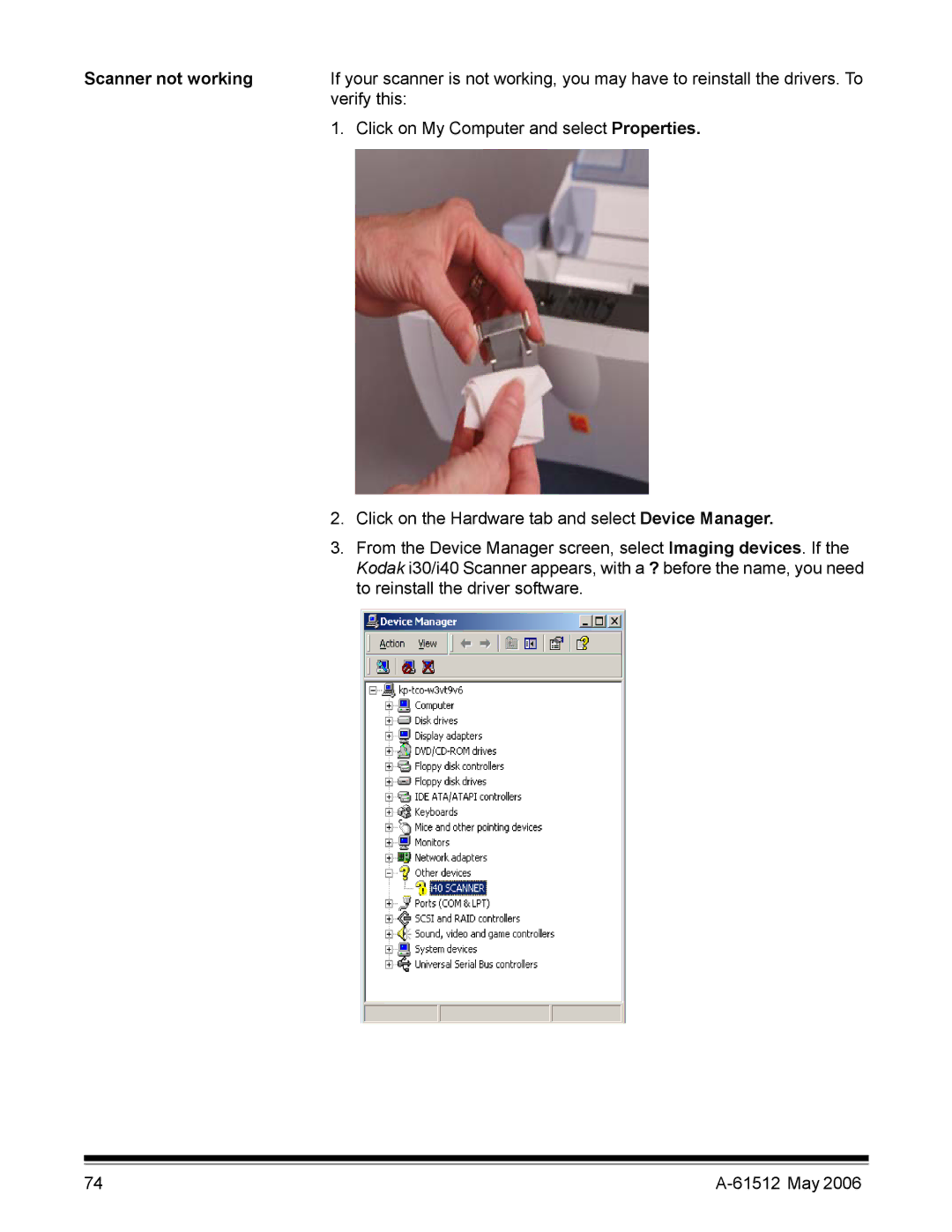 Kodak i30 / i40 manual Scanner not working 