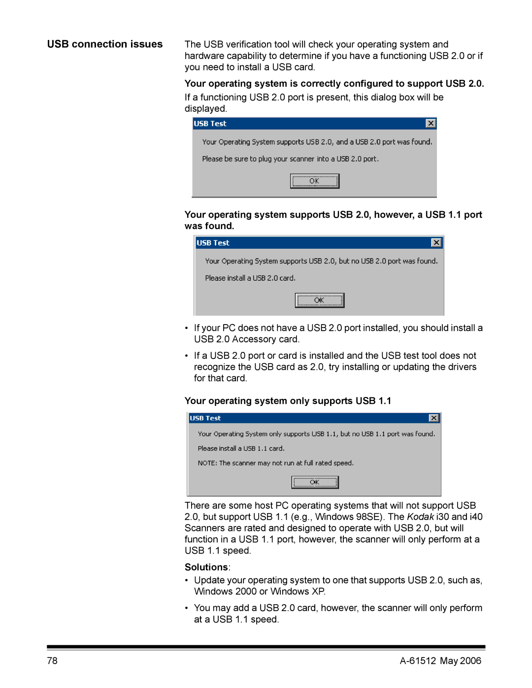 Kodak i30 / i40 manual Your operating system only supports USB, Solutions 