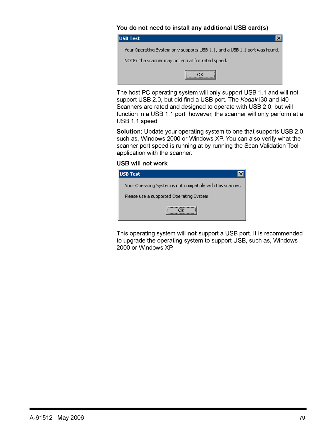 Kodak i30 / i40 manual You do not need to install any additional USB cards, USB will not work 