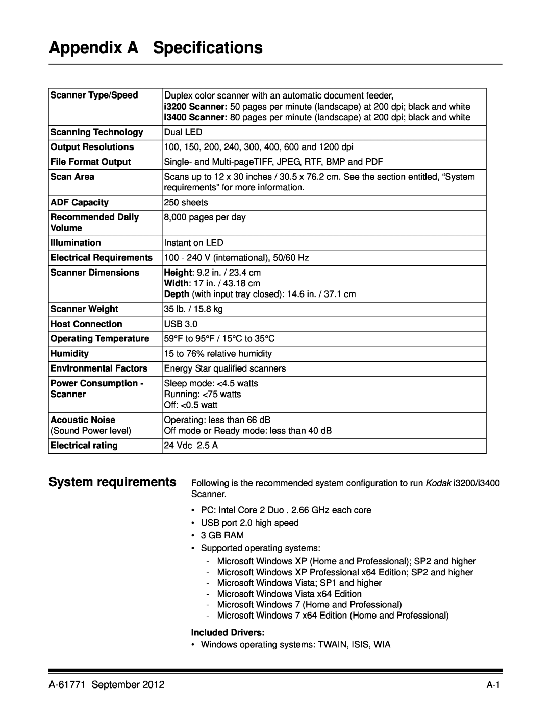 Kodak I3400, I3200 manual Appendix A, Specifications, A-61771 September 
