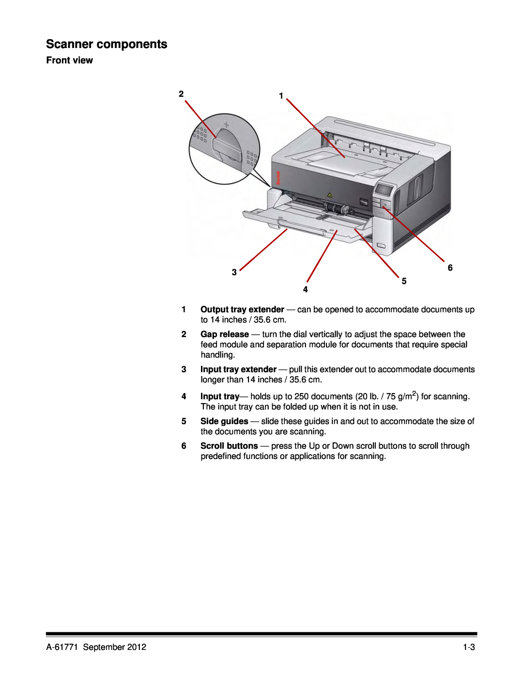 Kodak I3200, I3400 manual Scanner components, Front view 