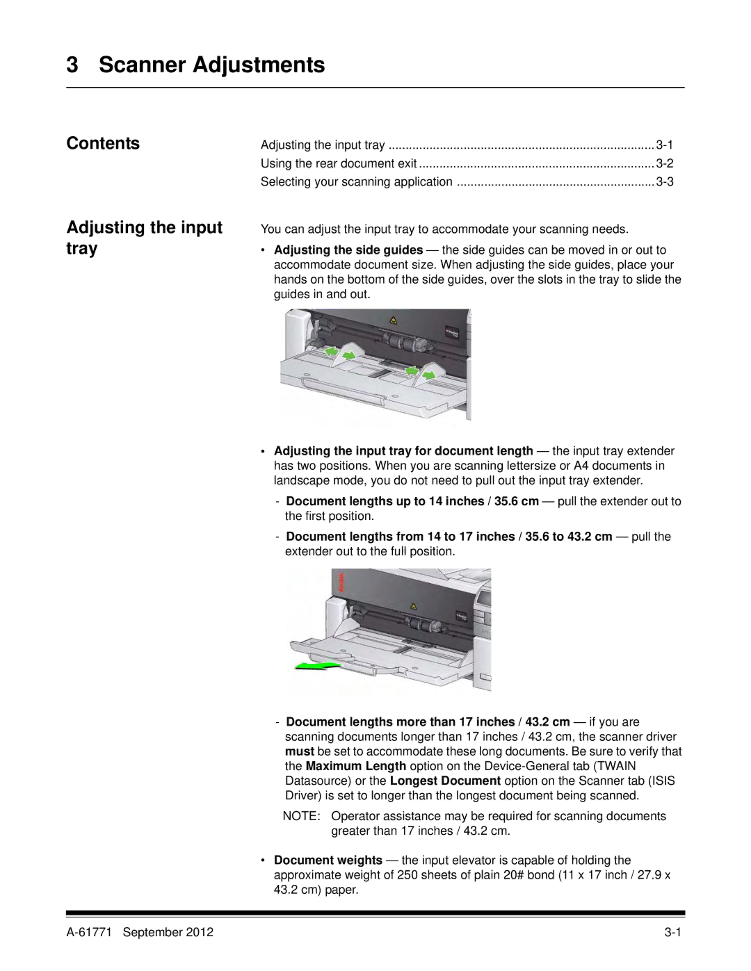 Kodak I3200, I3400 manual Scanner Adjustments, Contents Adjusting the input tray 