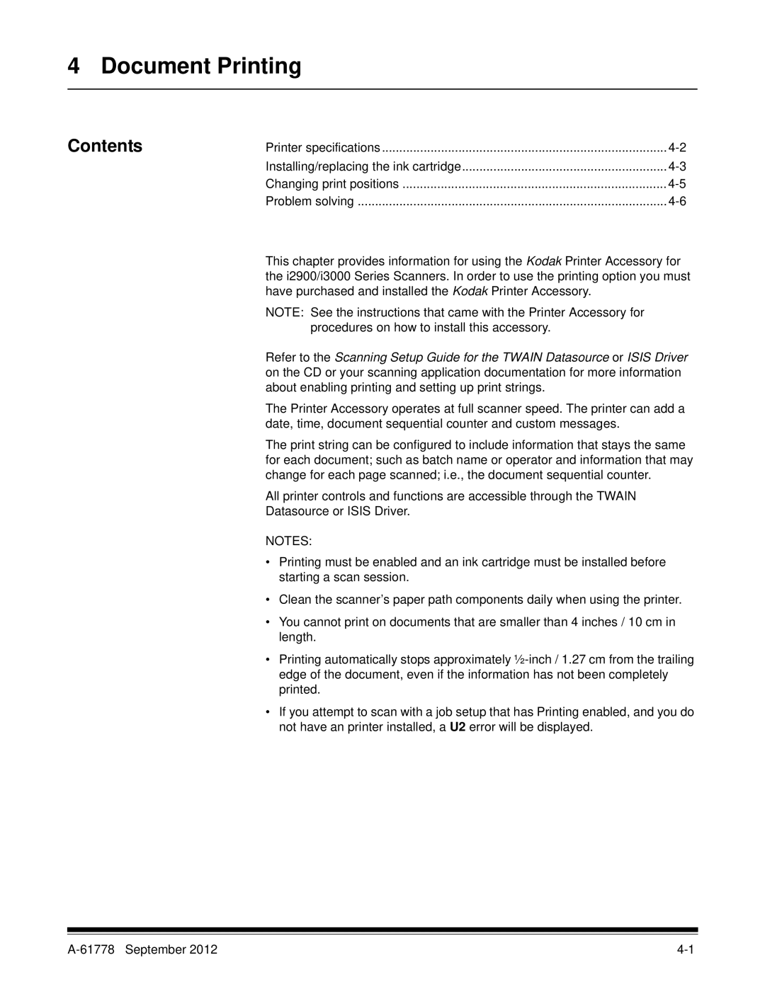 Kodak I3400, I3200 manual Document Printing, Contents 