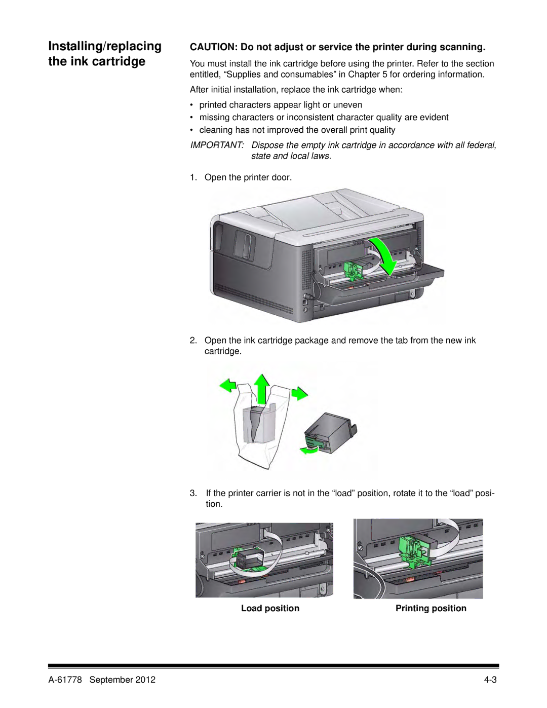 Kodak I3400, I3200 manual Installing/replacing the ink cartridge, Load position Printing position 