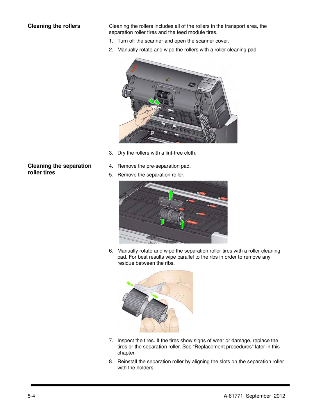 Kodak I3200, I3400 manual Cleaning the rollers Cleaning the separation roller tires 