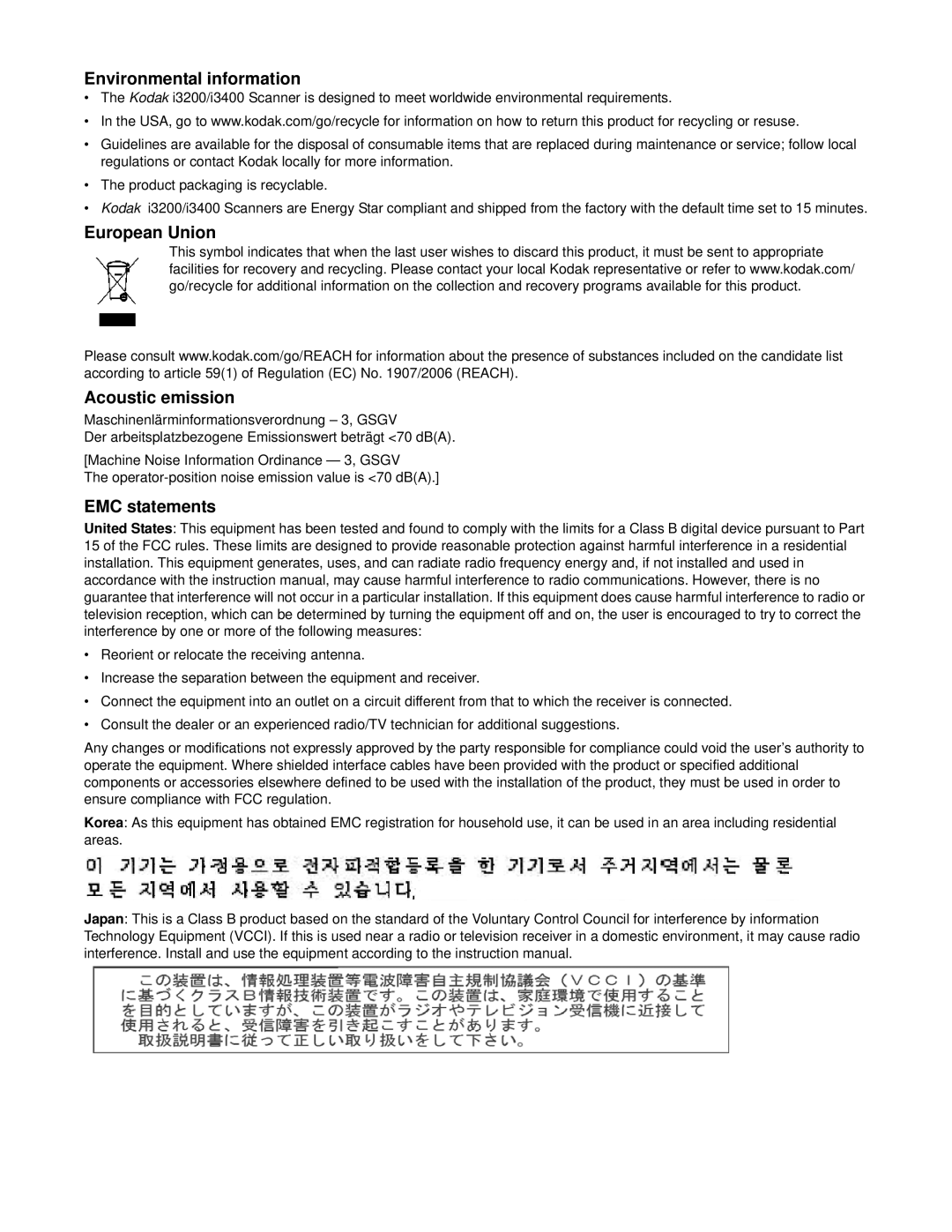 Kodak I3200, I3400 manual Environmental information, European Union Acoustic emission, EMC statements 