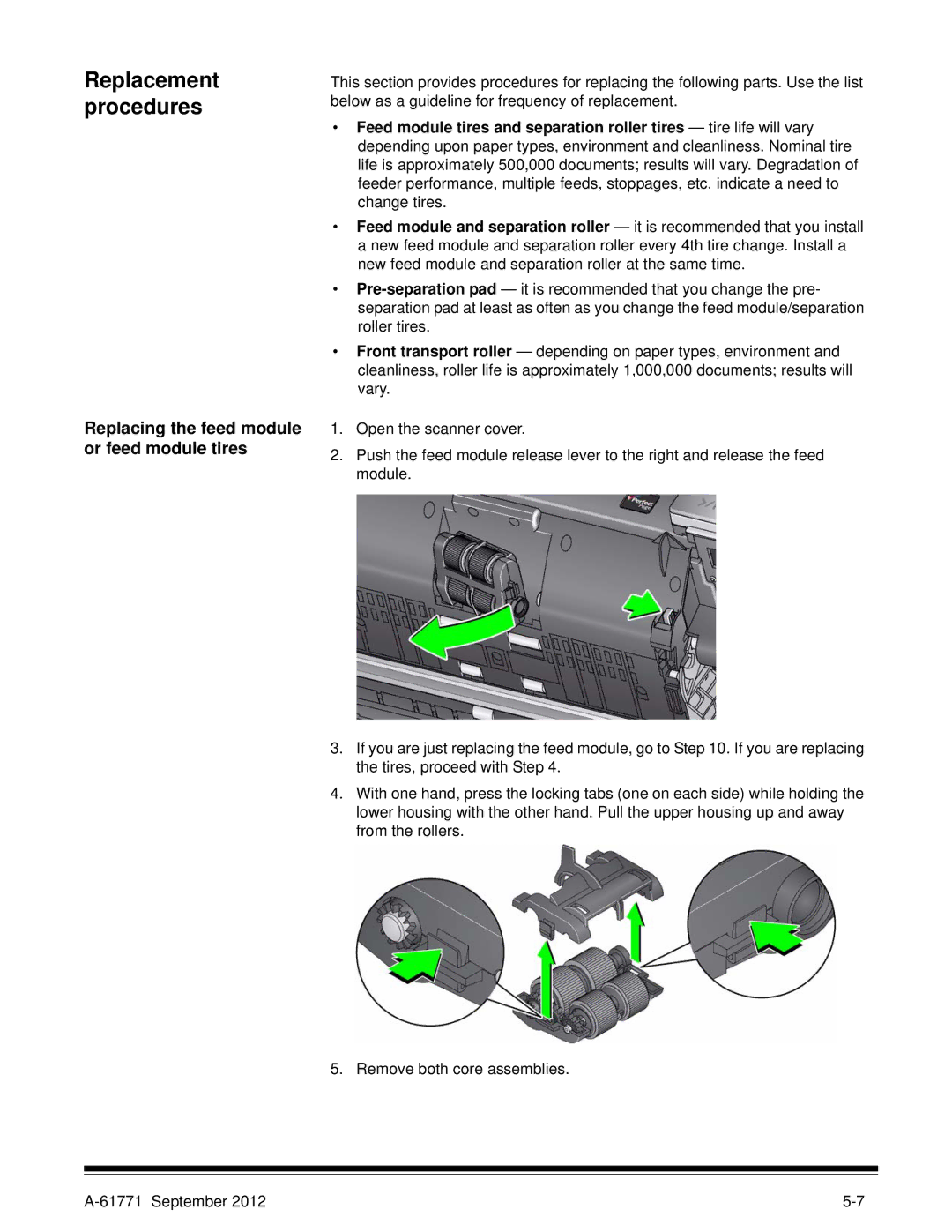 Kodak I3400, I3200 manual Replacement procedures, Replacing the feed module or feed module tires 