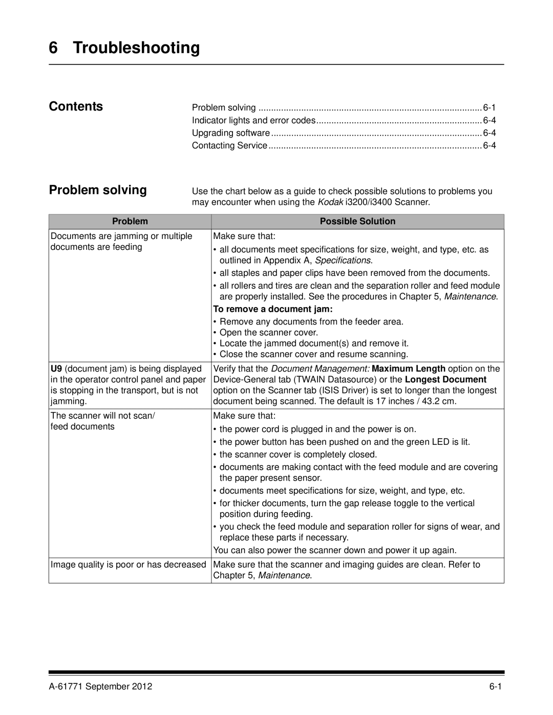 Kodak I3400, I3200 manual Troubleshooting, Problem Possible Solution, To remove a document jam 