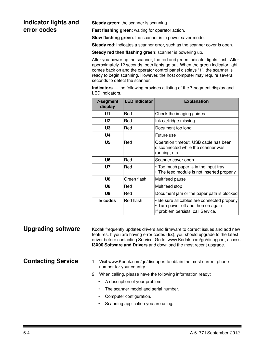Kodak I3200, I3400 Steady red then flashing green scanner is powering up, Segment LED indicator Explanation Display, Codes 