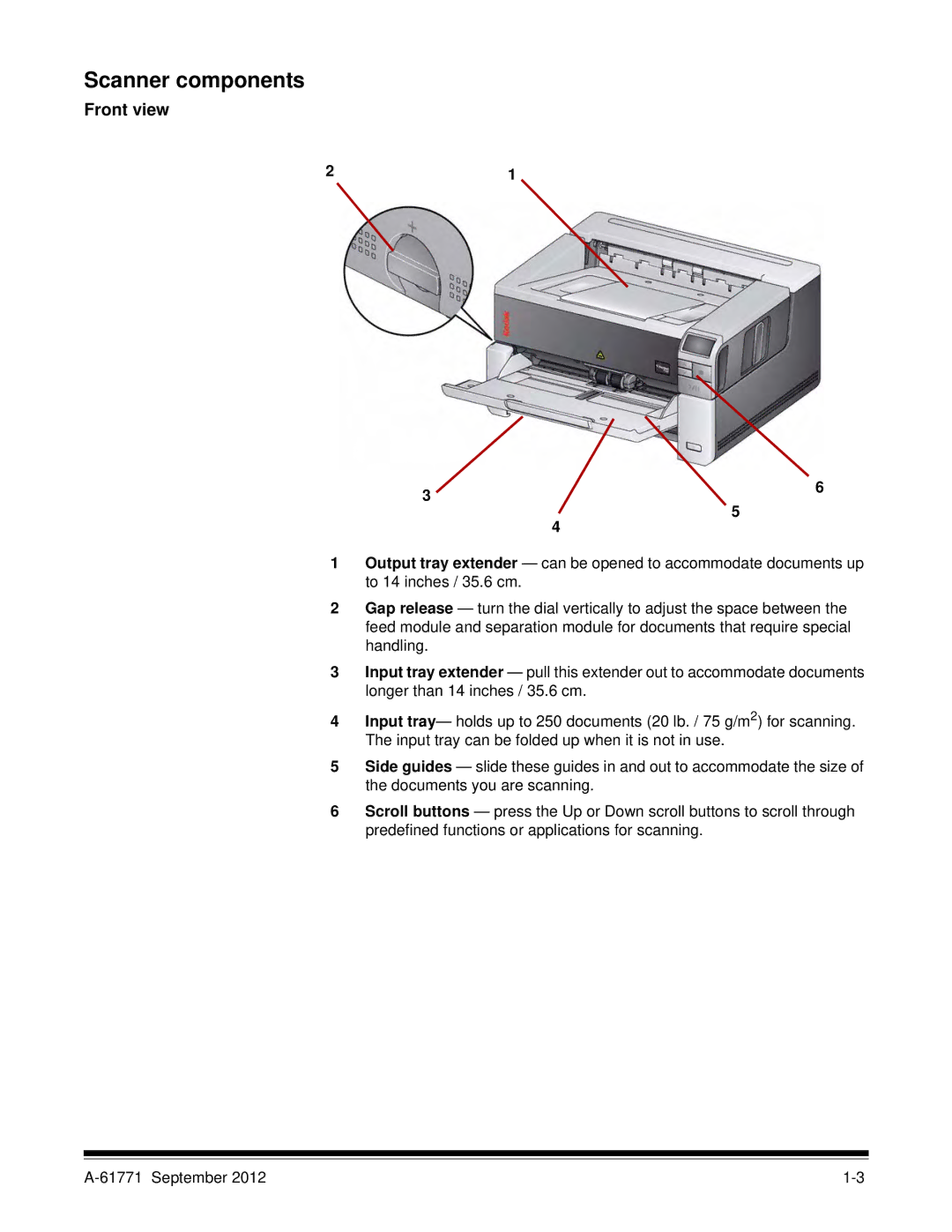 Kodak I3200, I3400 manual Scanner components, Front view 