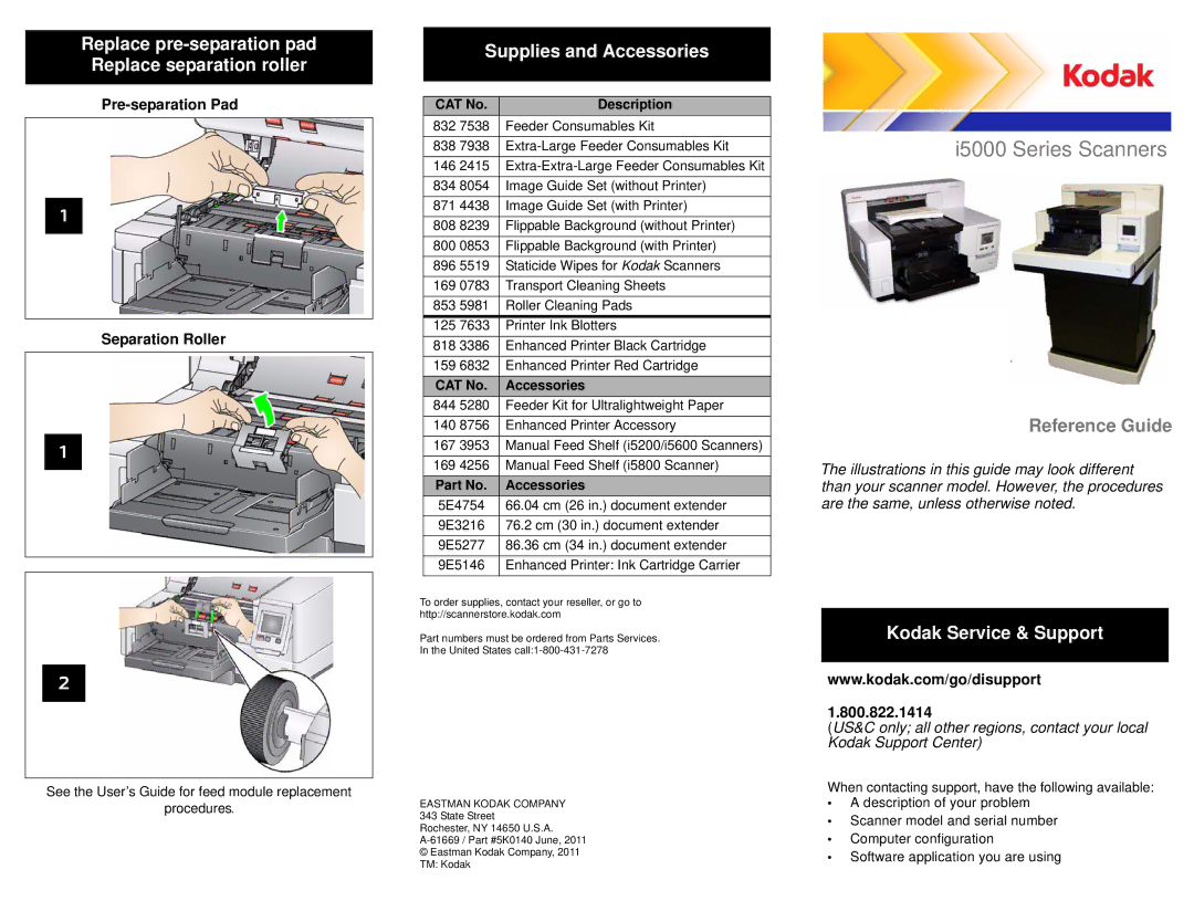 Kodak manual I5000 Series Scanners, Replace pre-separation pad Replace separation roller, Supplies and Accessories 