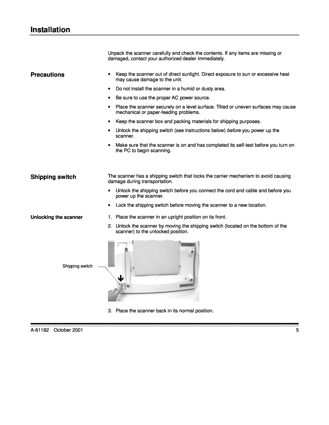 Kodak i60, i50 manual Installation, Precautions, Shipping switch 