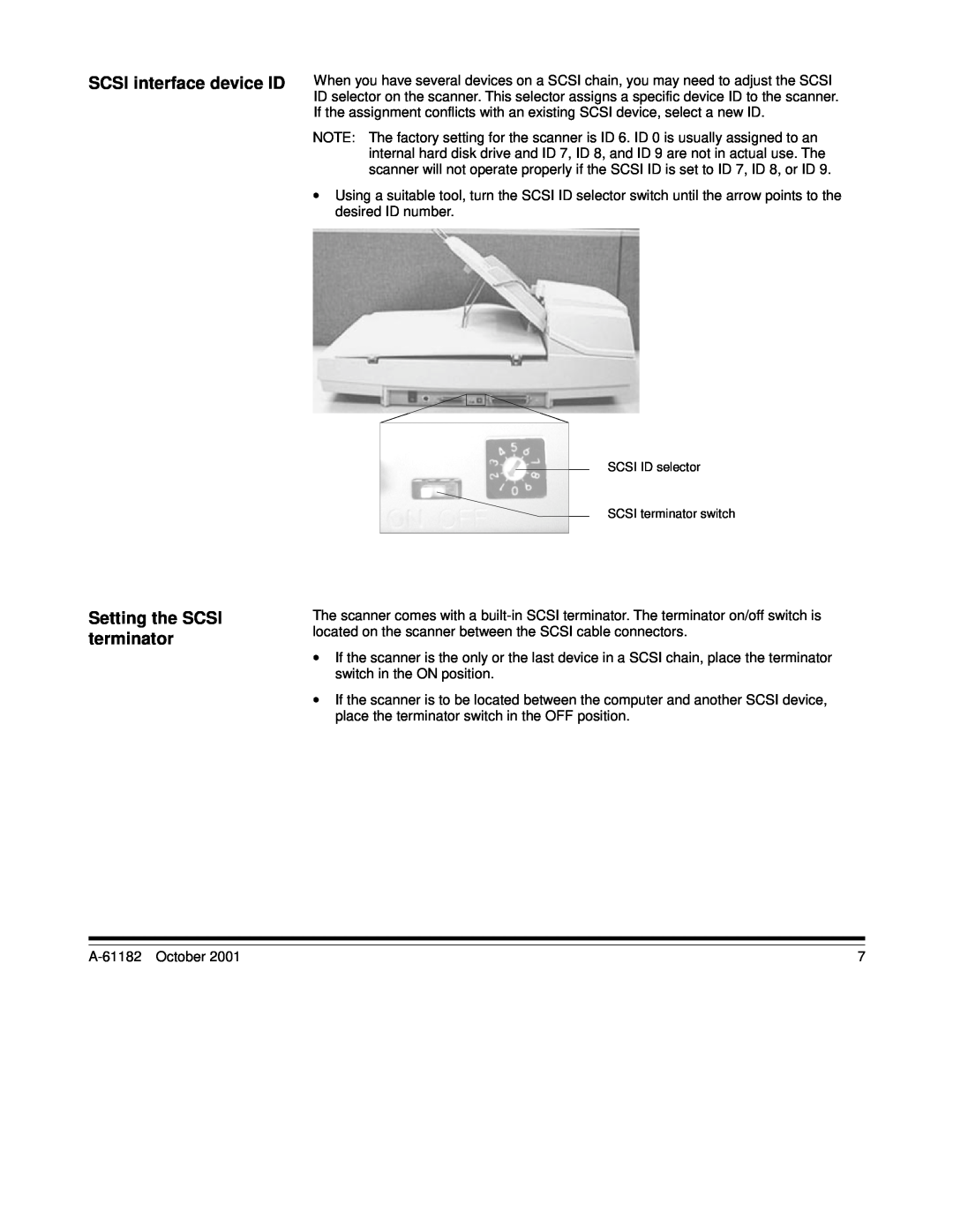 Kodak i60, i50 manual SCSI interface device ID, Setting the SCSI terminator, SCSI ID selector SCSI terminator switch 