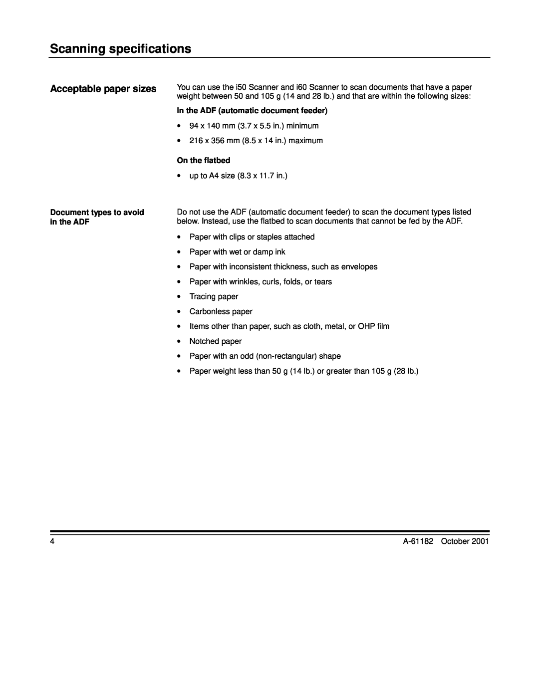 Kodak i50, i60 manual Scanning specifications, Acceptable paper sizes 