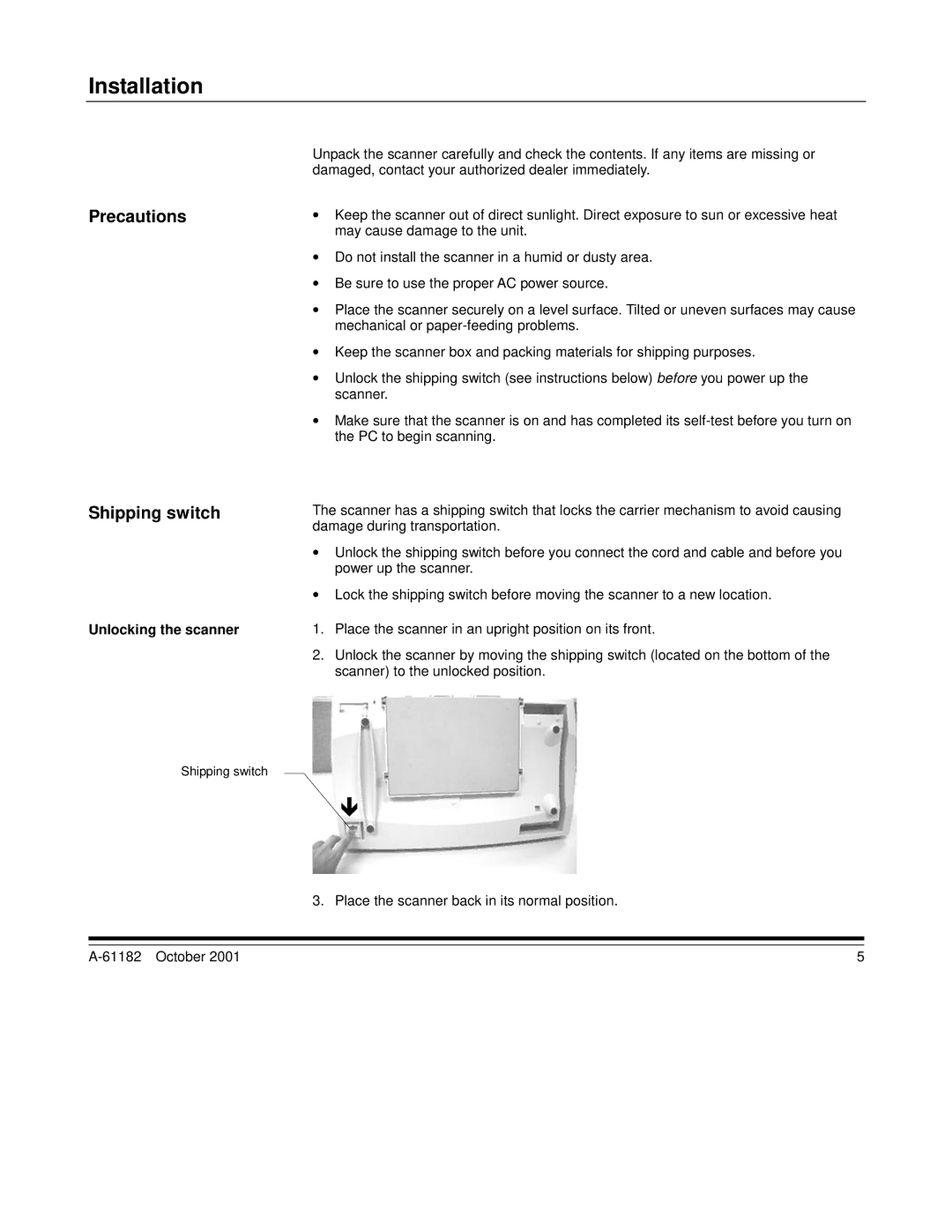 Kodak i60, i50 manual Installation, Precautions, Shipping switch, Unlocking the scanner 