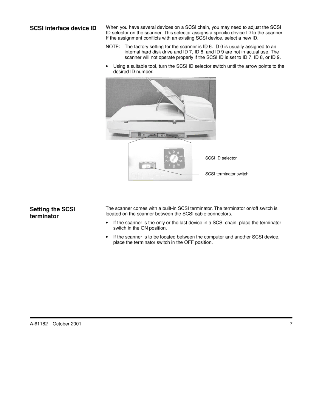 Kodak i60, i50 manual Scsi interface device ID, Setting the Scsi terminator 