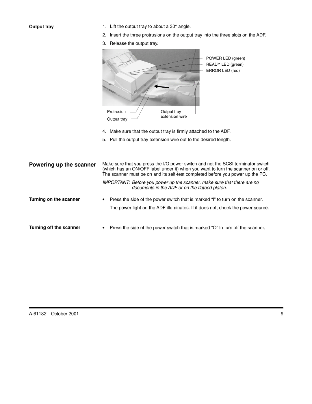 Kodak i60, i50 manual Powering up the scanner, Output tray, Turning on the scanner Turning off the scanner 