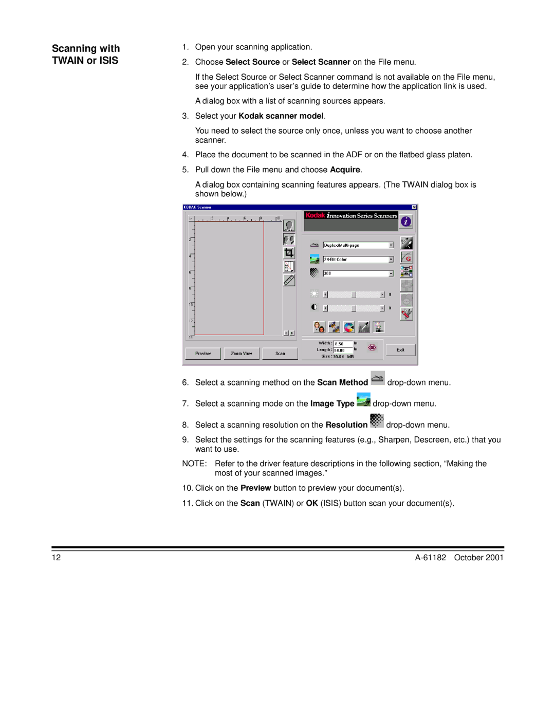 Kodak i50, i60 manual Scanning with Twain or Isis, Choose Select Source or Select Scanner on the File menu 