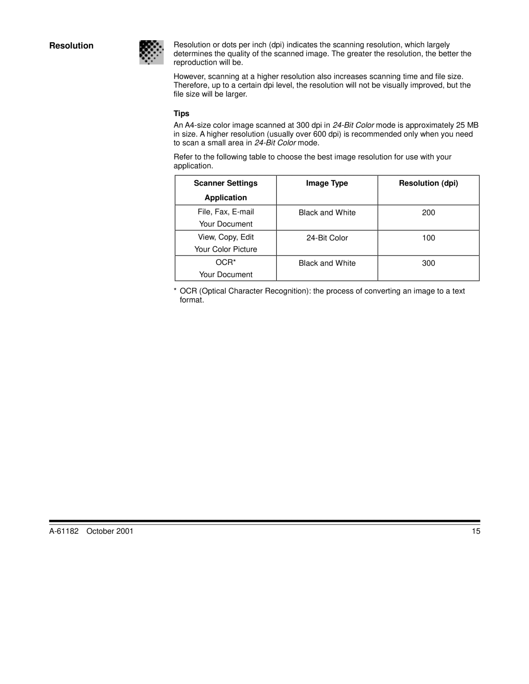 Kodak i60, i50 manual Tips, Scanner Settings Application, Image Type, Resolution dpi 