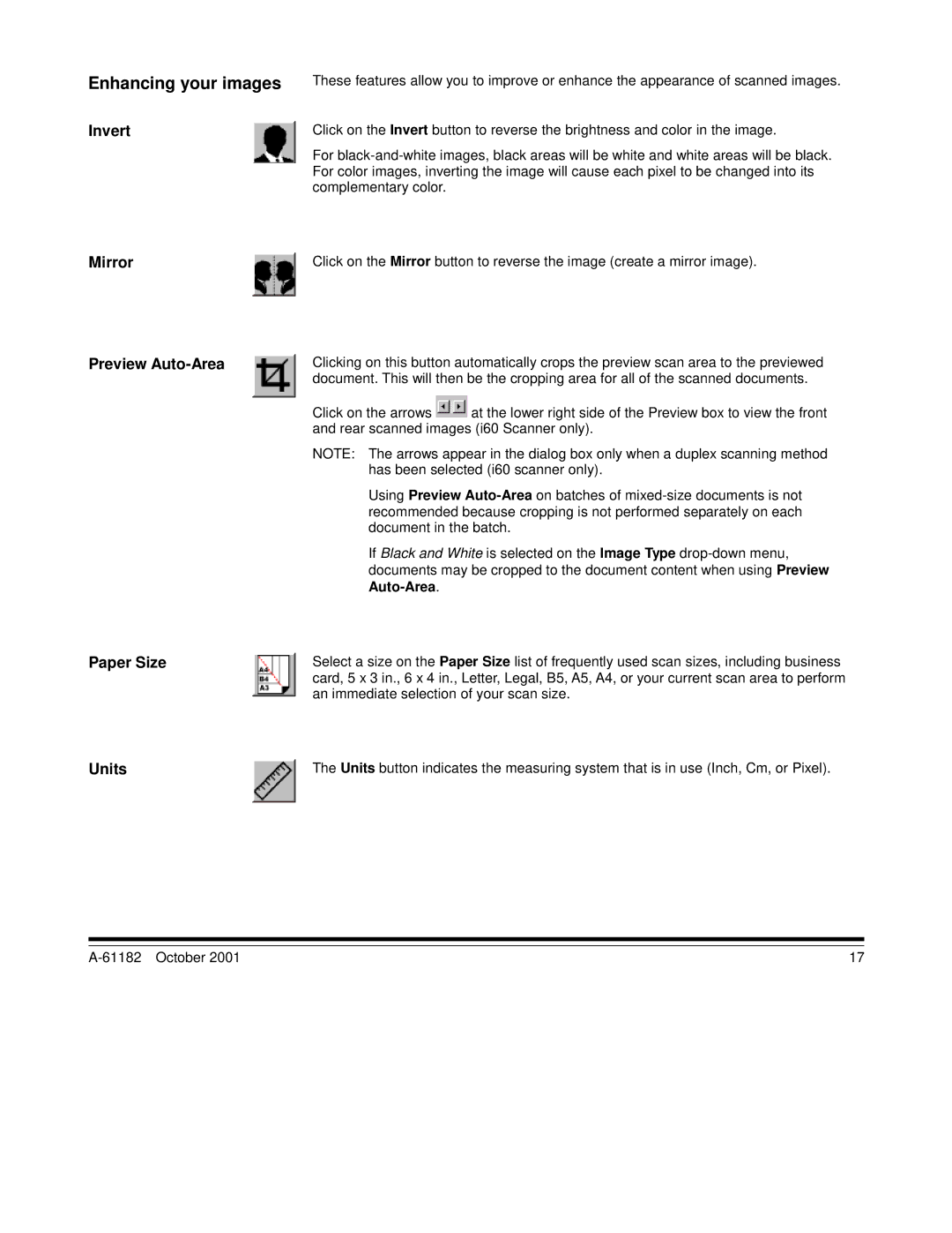 Kodak i60, i50 manual Enhancing your images, Invert Mirror Preview Auto-Area Paper Size Units 