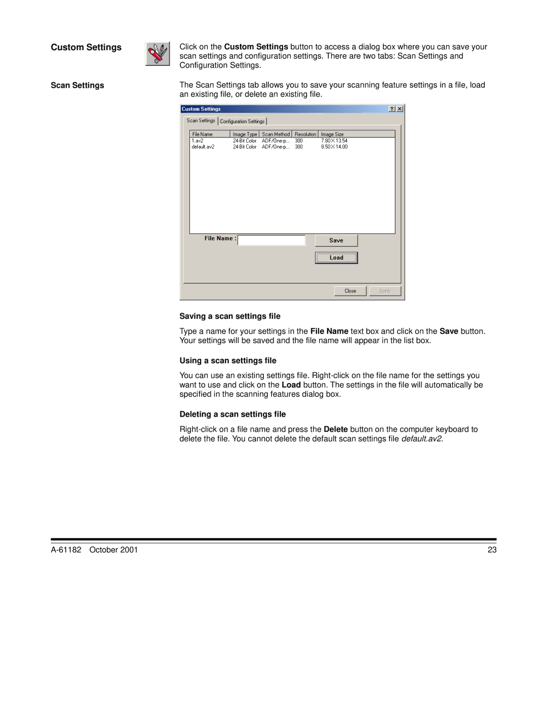 Kodak i60, i50 manual Custom Settings, Scan Settings, Saving a scan settings file, Using a scan settings file 