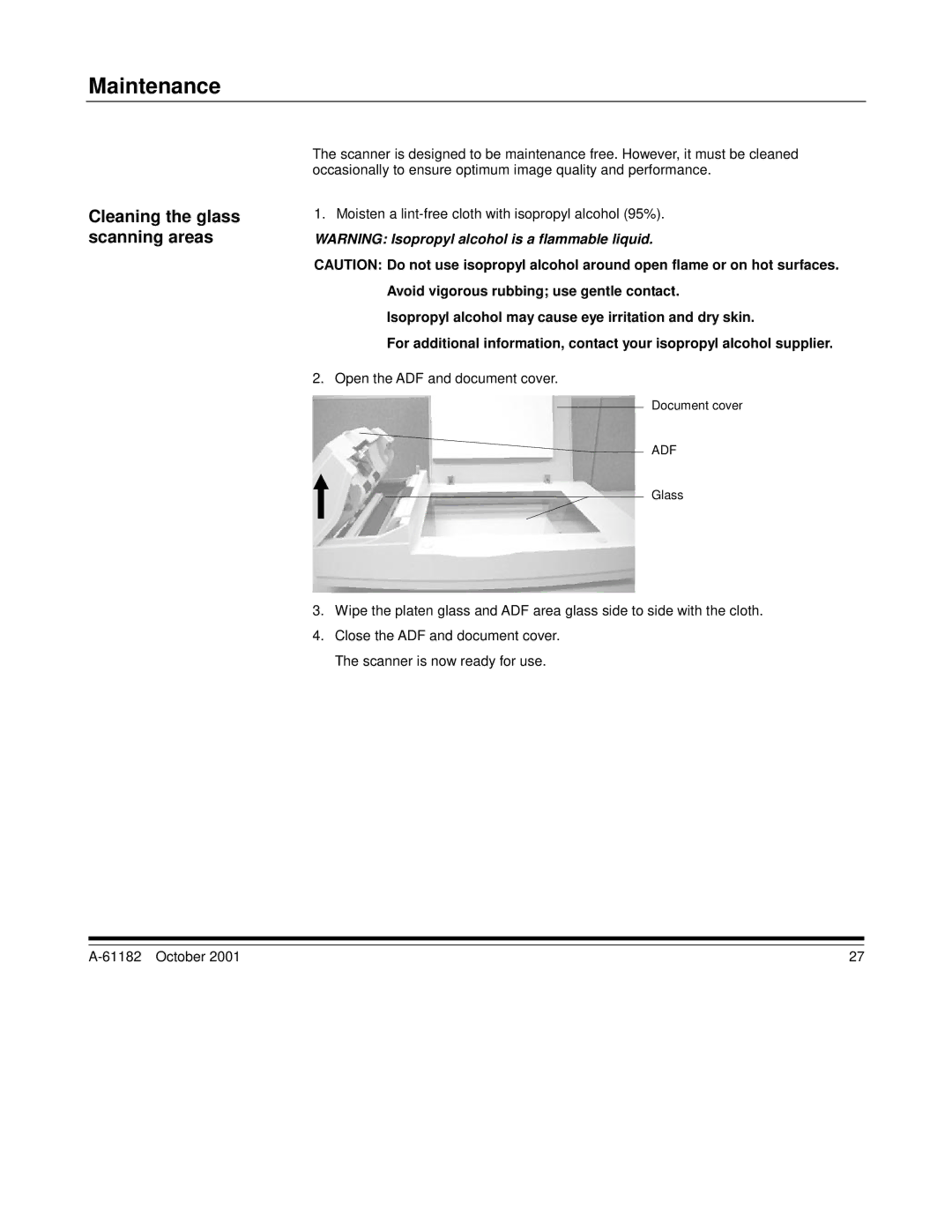 Kodak i60, i50 manual Maintenance, Cleaning the glass scanning areas 