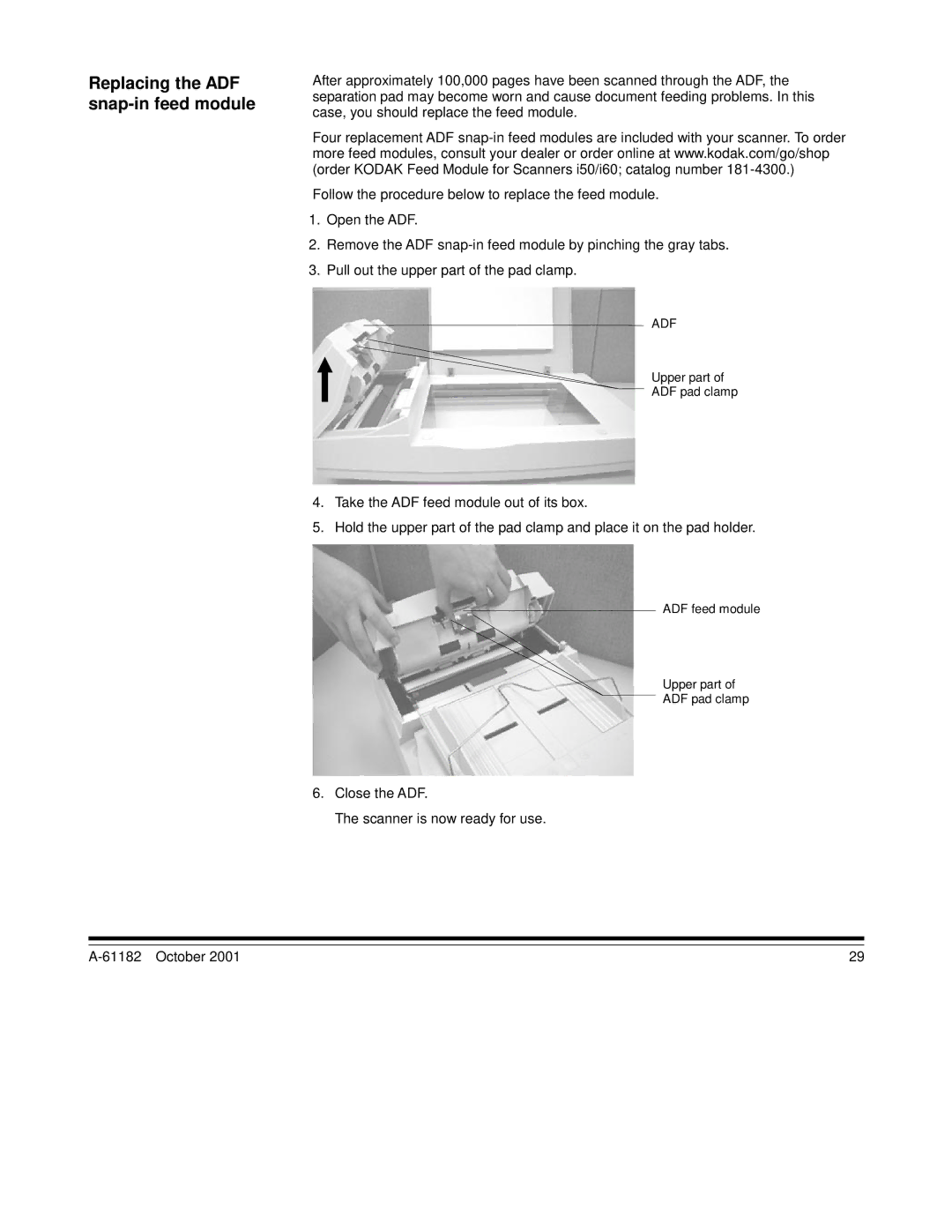 Kodak i60, i50 manual Replacing the ADF snap-in feed module 