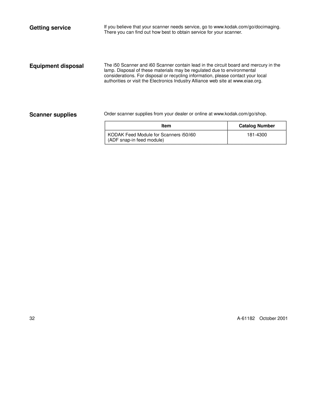 Kodak i50, i60 manual Getting service Equipment disposal Scanner supplies, Catalog Number 