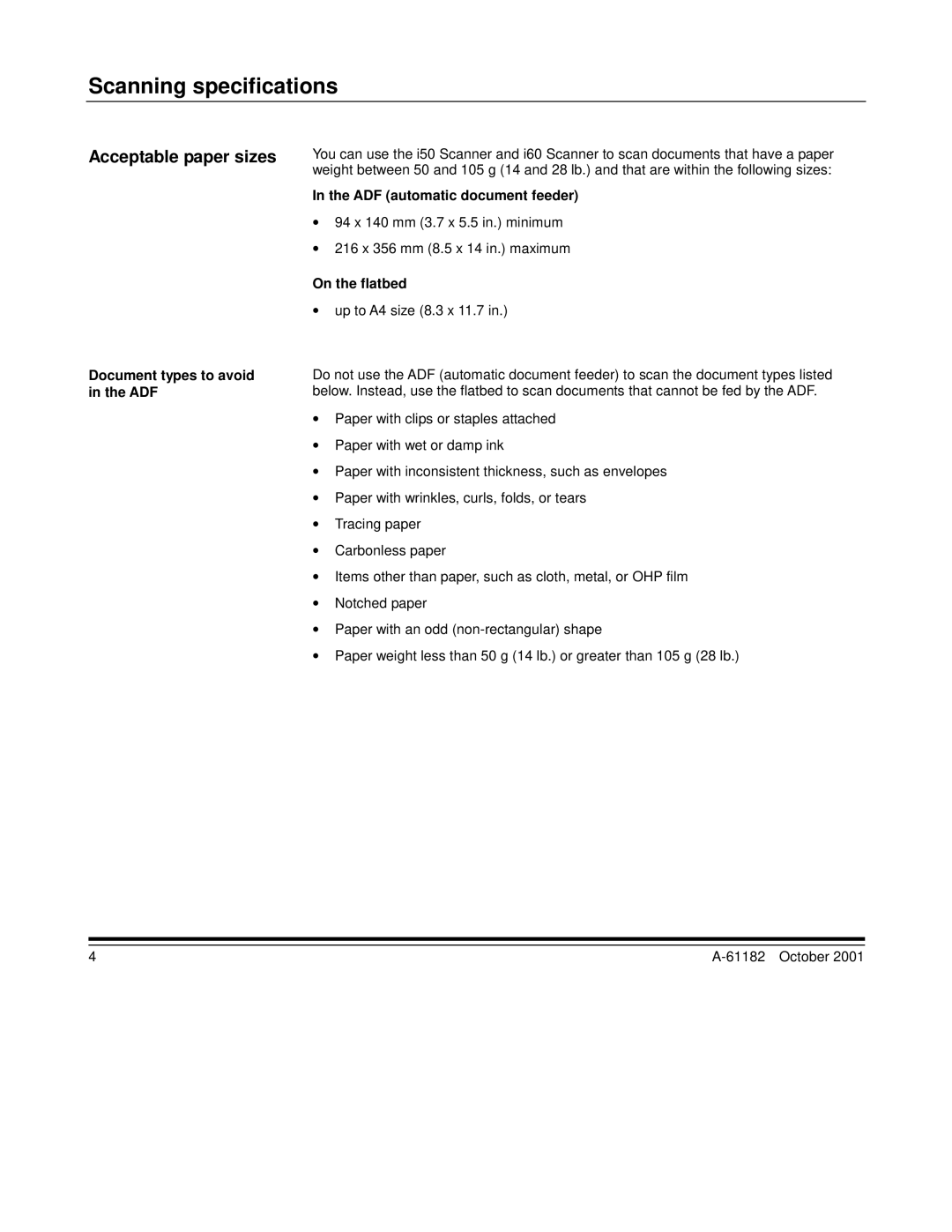 Kodak i50, i60 manual Scanning specifications, Acceptable paper sizes, Document types to avoid in the ADF, On the flatbed 