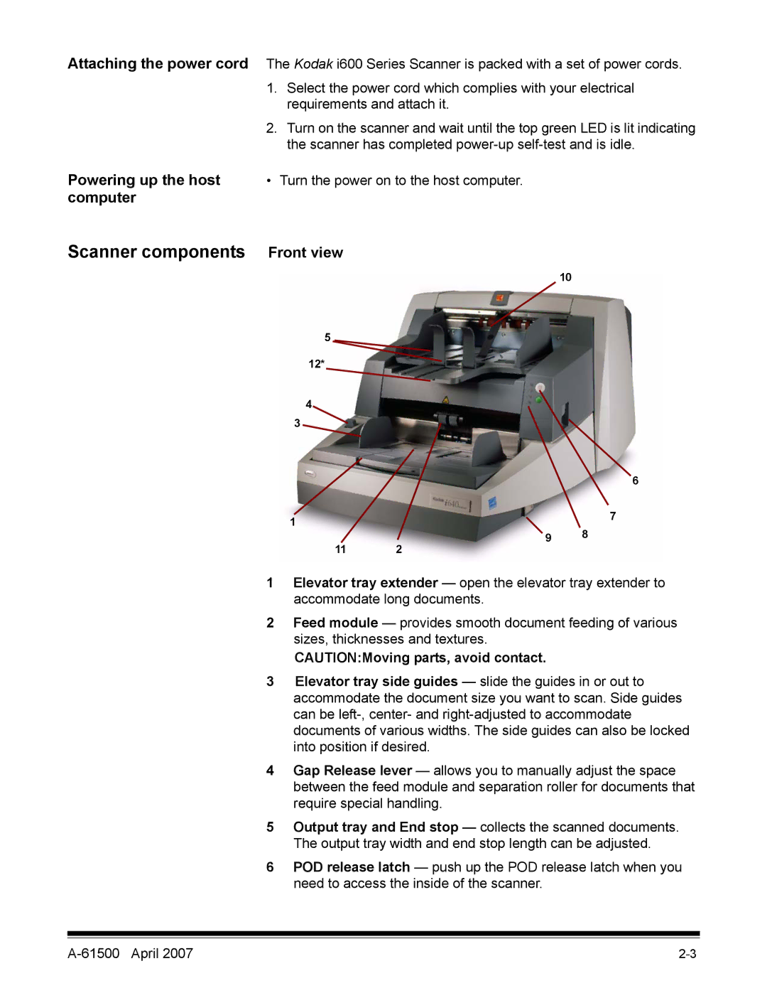 Kodak i600 Series manual Scanner components Front view 