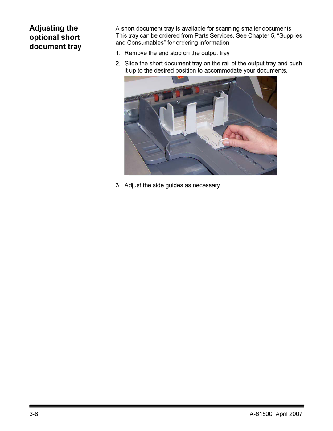 Kodak i600 Series manual Adjusting the optional short document tray 