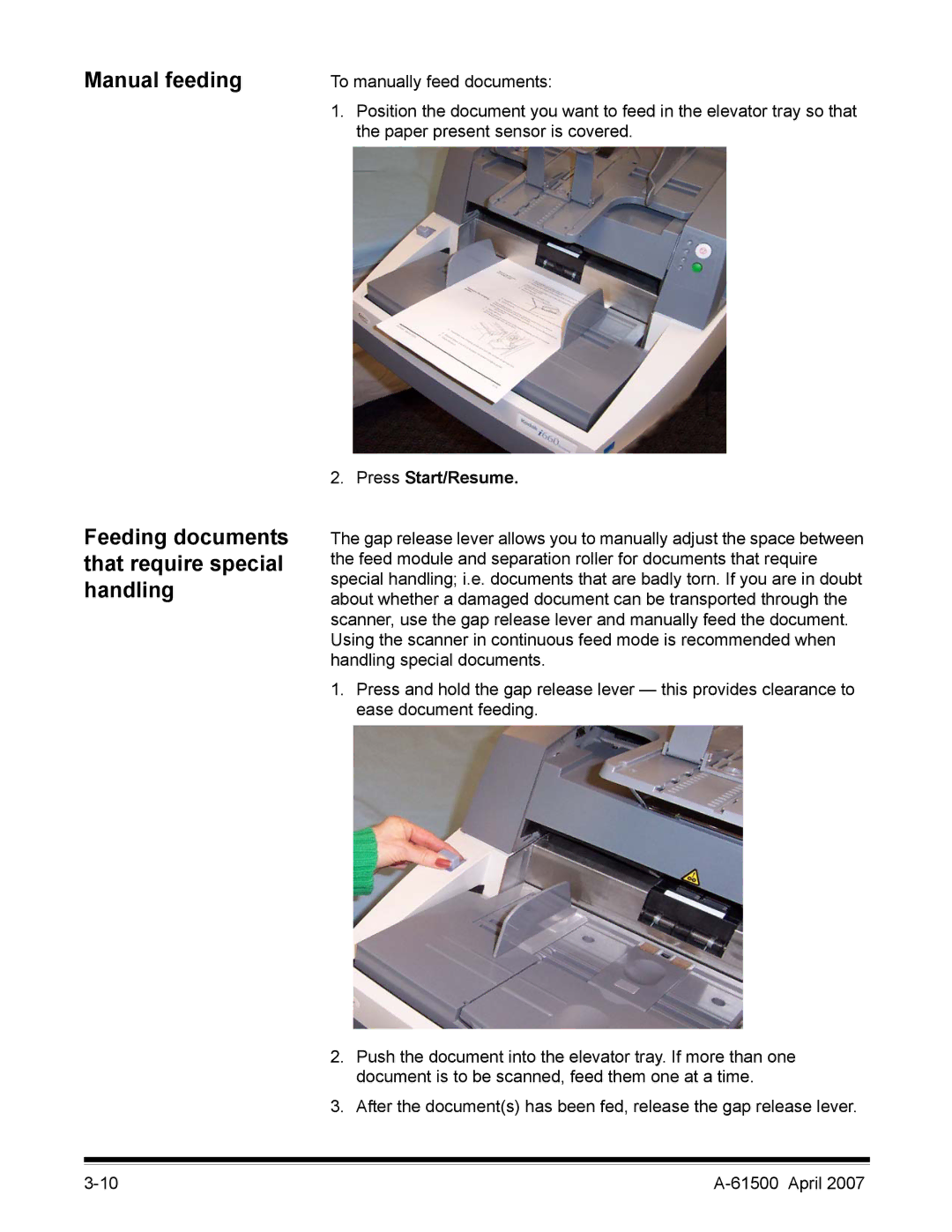 Kodak i600 Series manual Manual feeding, Press Start/Resume 