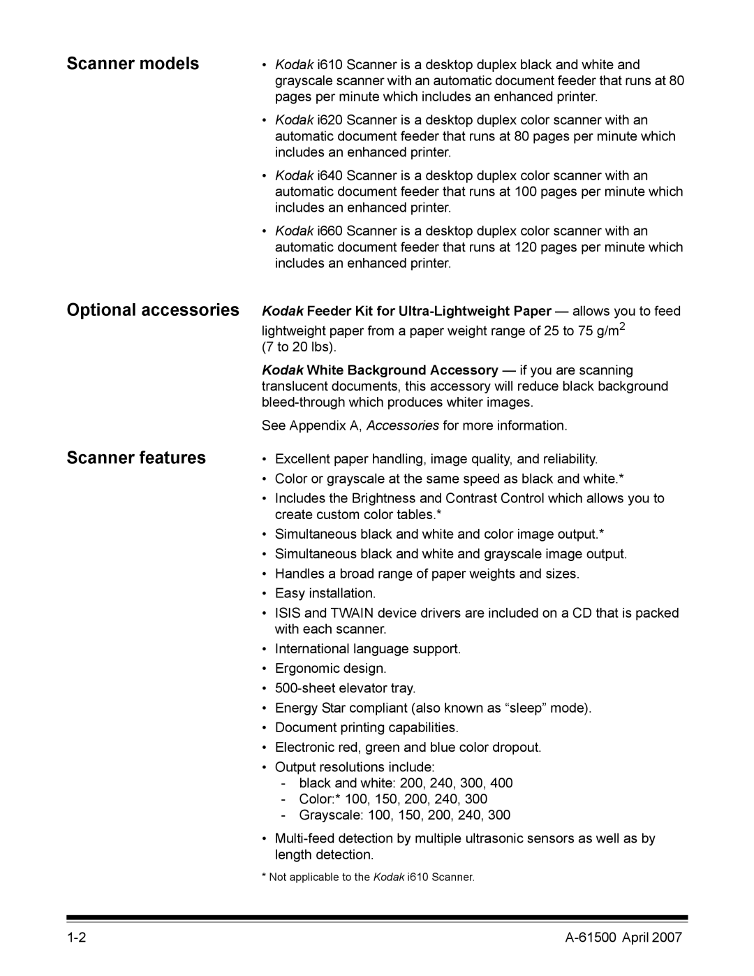 Kodak i600 Series manual Scanner models Optional accessories Scanner features 