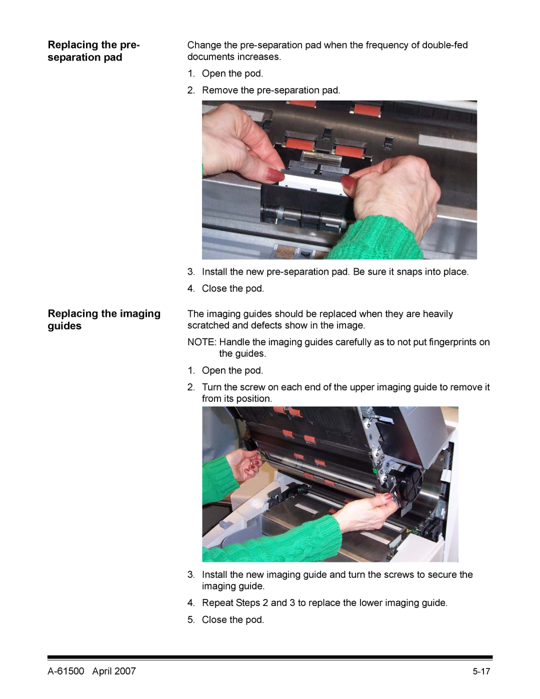 Kodak i600 Series manual Replacing the pre, Separation pad, Replacing the imaging, Guides 