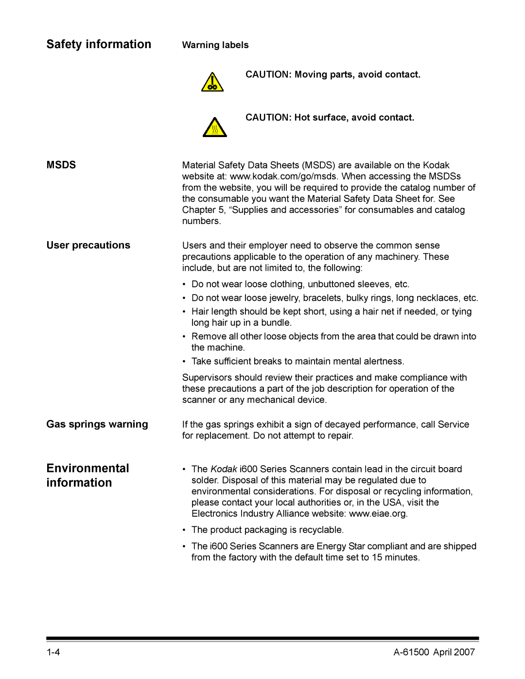 Kodak i600 Series manual Safety information, Environmental, Information, User precautions, Gas springs warning 