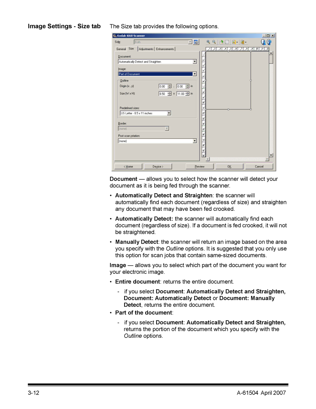 Kodak i600 manual If you select Document Automatically Detect and Straighten, Part of the document 