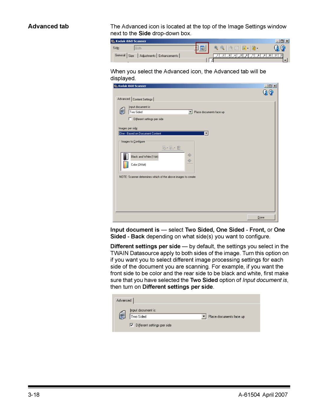 Kodak i600 manual Advanced tab, Input document is select Two Sided, One Sided Front, or One 