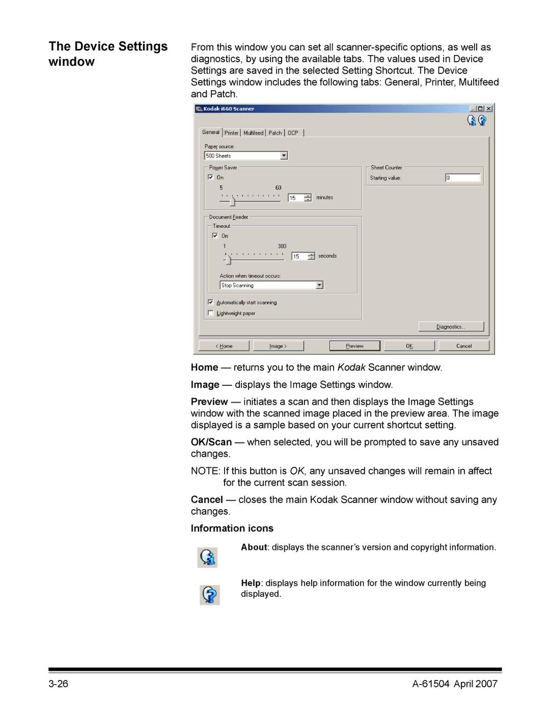 Kodak i600 manual Device Settings window, Information icons 