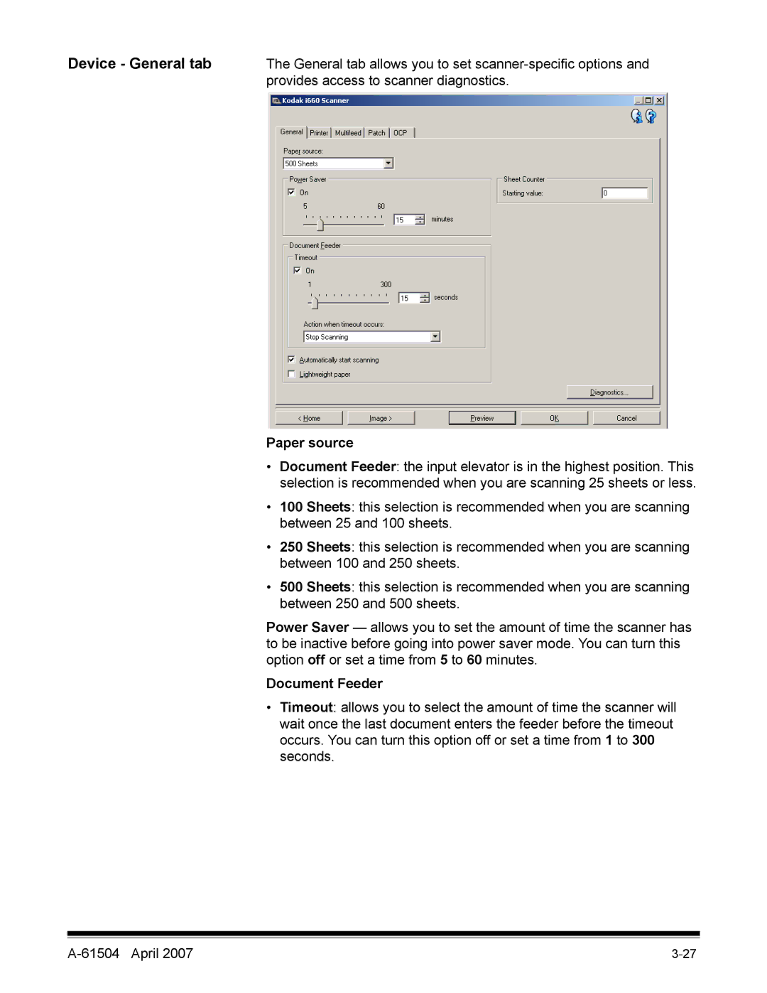 Kodak i600 manual Device General tab, Paper source, Document Feeder 