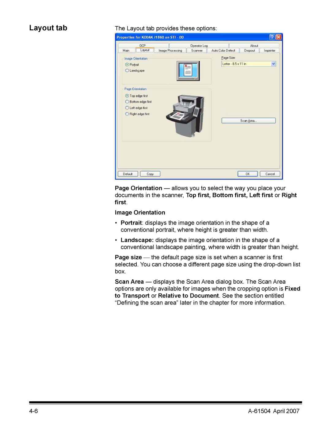 Kodak i600 manual Layout tab, Image Orientation 