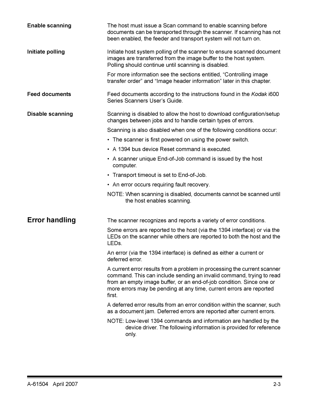 Kodak i600 manual Error handling, Enable scanning, Initiate polling, Feed documents, Disable scanning 