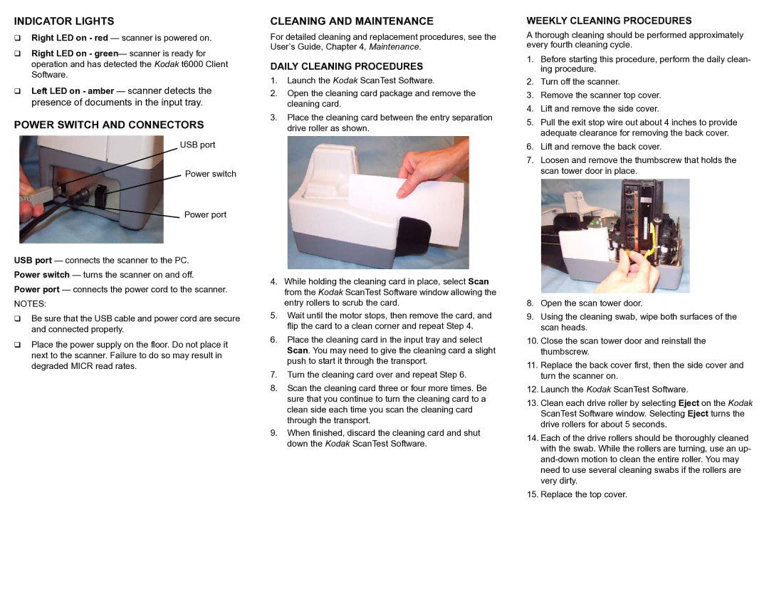 Kodak i6000 manual Indicator Lights, Power Switch and Connectors, Cleaning and Maintenance, Daily Cleaning Procedures 